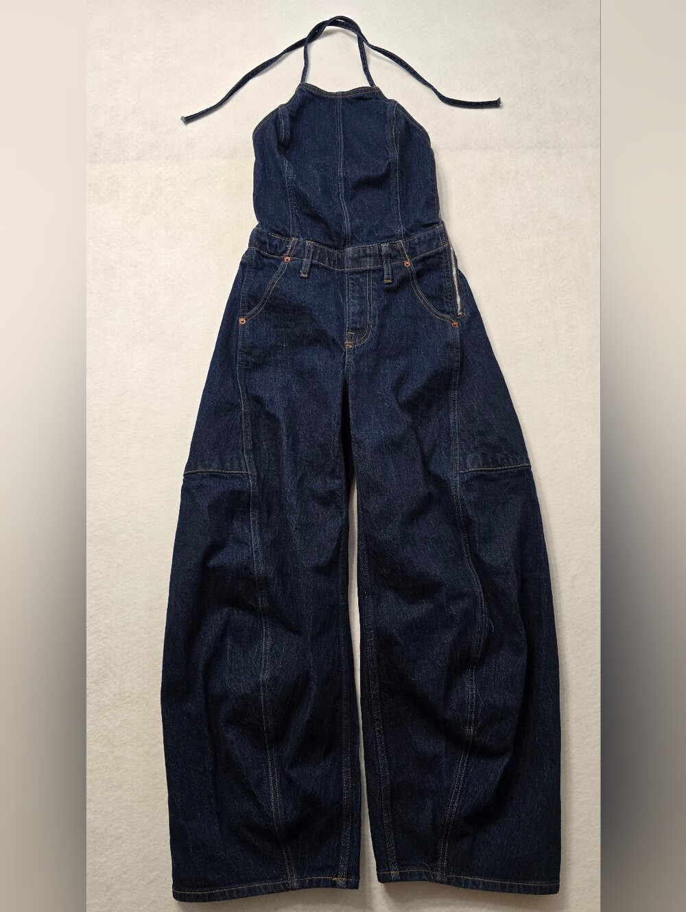 Abercrombie & Fitch Halterneck Barrel Leg Denim Jumpsuit In Indigo